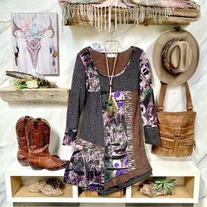 Artisan RARE Rustic PATCHWORK boho mini dress/tunic w farmhouse vibes